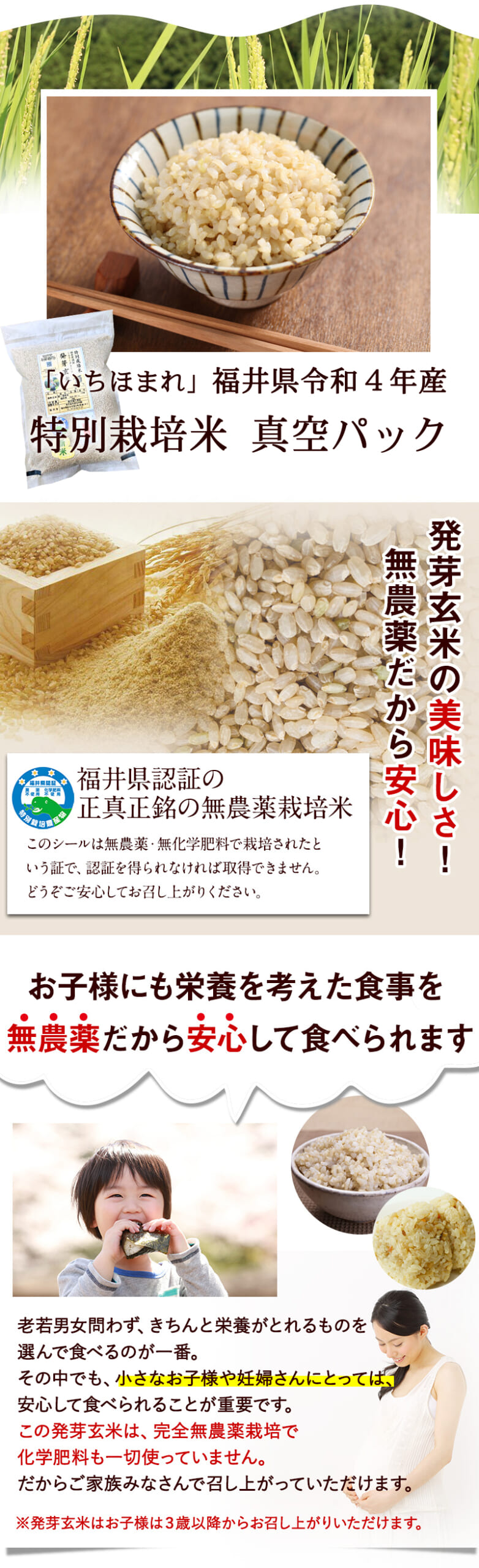 発芽玄米 無農薬・無化学肥料 いちほまれ 福井県令和4年産 特別栽培米 真空パック 福井県認証の正真正銘の無農薬栽培米